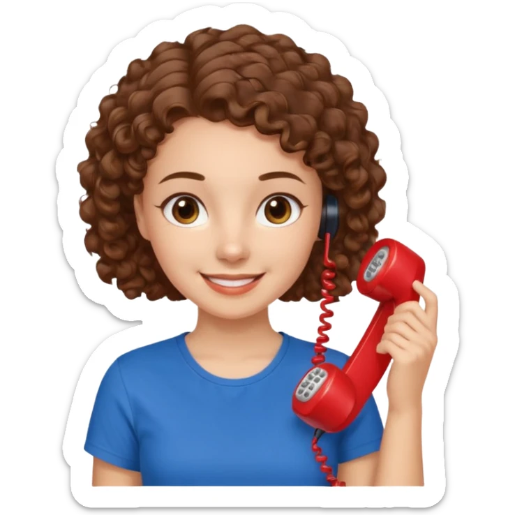chica con piel blanca sonriendo, ojos marrones y pelo marrón atado con rulos con remera celeste. atendiendo un teléfono rojo sticker