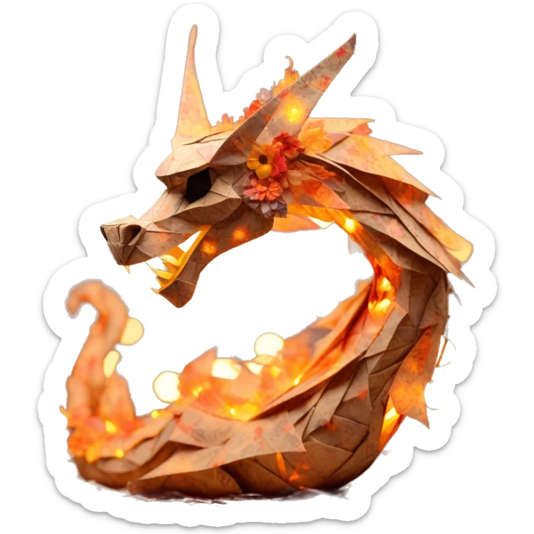 Charred flaming fiery Beige Origami dragon made of newspapers on fire letters on fire burnt paper surrounded by fairy lights swirls covered in dried flowers bokeh floral flowers fire flames sticker