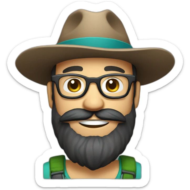happy smile gardener face long dark beard and bald dark hair round glasses brown eyes and a hat sticker
