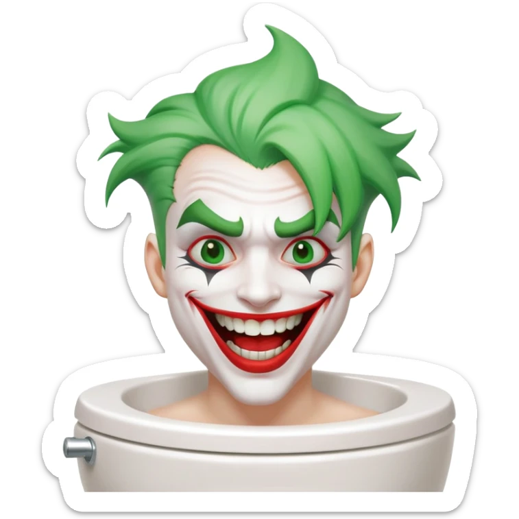 Joker character on toilet laughing hysterically, green hair, white face, red smile sticker