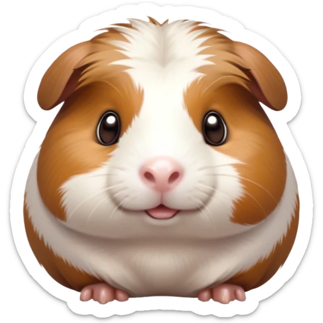 Cinematic Cute Brown and White Banded Guinea Pig Portrait Emoji, Head tilted playfully and inquisitively, showcasing a fluffy fur with playful brown and white banded patterns, round, sparkling dark eyes filled with curiosity, Simplified yet irresistibly adorable features, highly detailed, glowing with a warm, friendly glow, high shine, affectionate and spirited, stylized with a touch of whimsy, bright and endearing, soft glowing outline, capturing the essence of a mischievous yet loving guinea pig, so playful it feels like it could dash out of the screen and into your arms! sticker