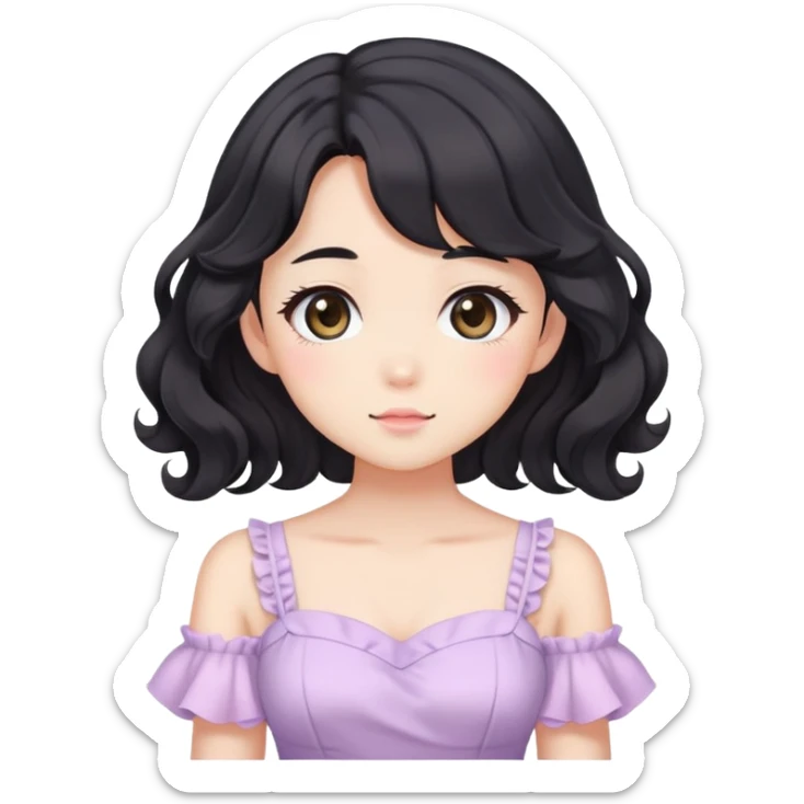 Cute kawaii anime lady with beautiful black wavy hair wearing a gorgeous soft feminine pastel dress sticker