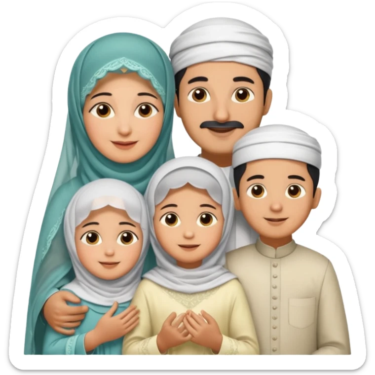 Lebaran. Keluarga terdiri dari Ayah dan ibu, 3 orang anak yang terdiri dari dua anak laki-laki dan seorang anak perempuan yang merupakan anak terkecil. Ibunya menggunakan cadar. sticker