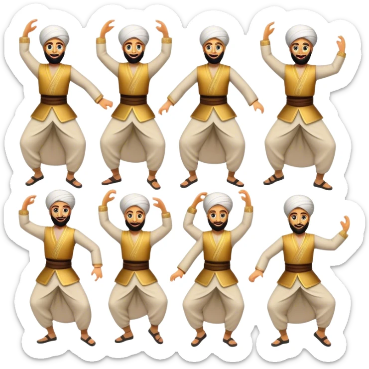 Cinematic Realistic Dabke Dance Emoji, depicted as an energetic traditional Lebanese folk dance with vibrant costumes and rhythmic movements, rendered with dynamic textures and festive natural lighting that captures its communal joy. sticker