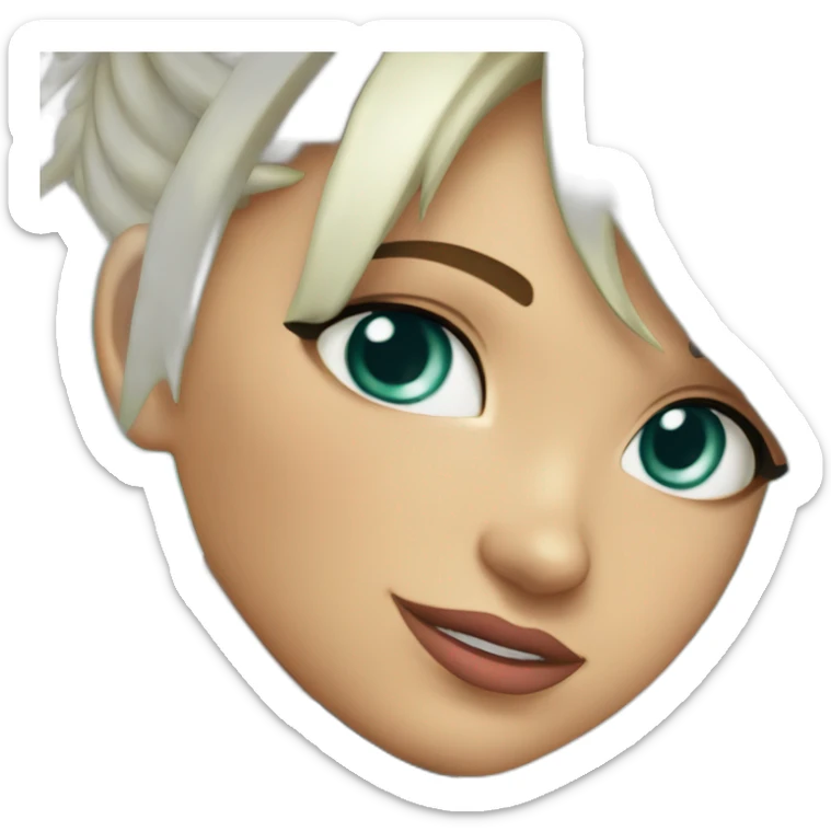 1 girl, leather suit, latex legwear, leather skirt, platinum blonde hair, ponytail, smirk, aqua eyes, leather boots sticker