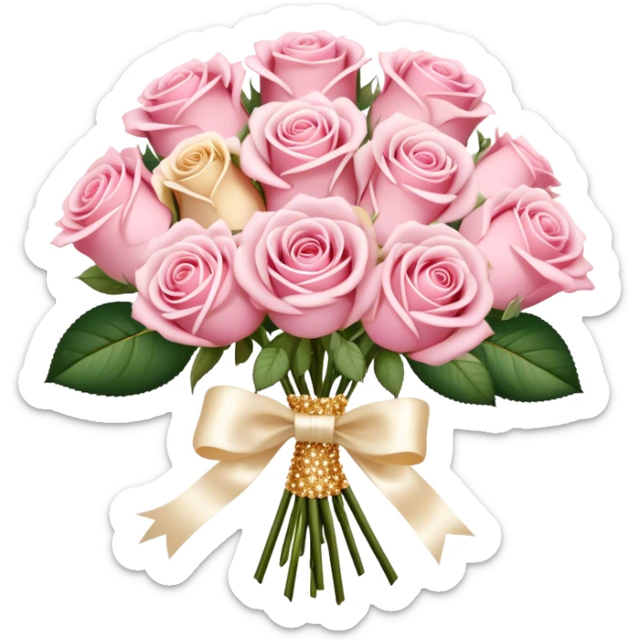 Romantic bouquet of pastel pink roses tied with an ivory satin ribbon, delicate golden sparkles. sticker