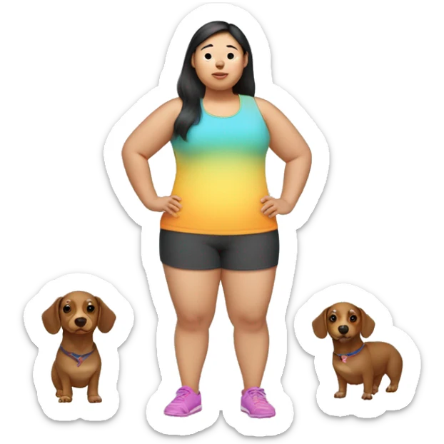 Short chubby asian girl wearing workout shorts and crocs holding a dachsund sticker