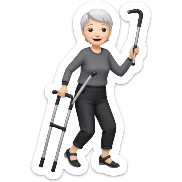 old woman with short hair, dressed with pants, laughing and dancing with crutches sticker