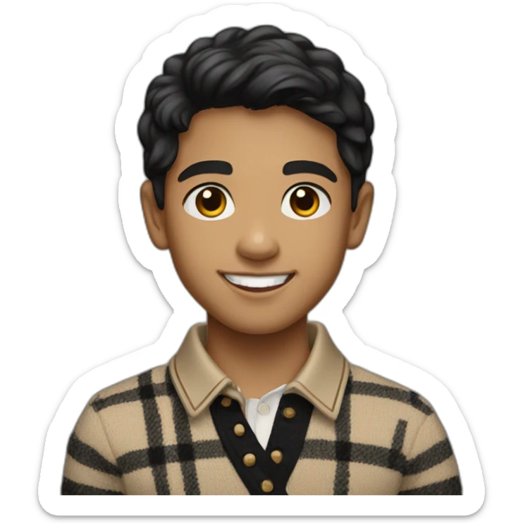 light skin smiling indian kid with black hair wearing a burberry sweater polo sticker