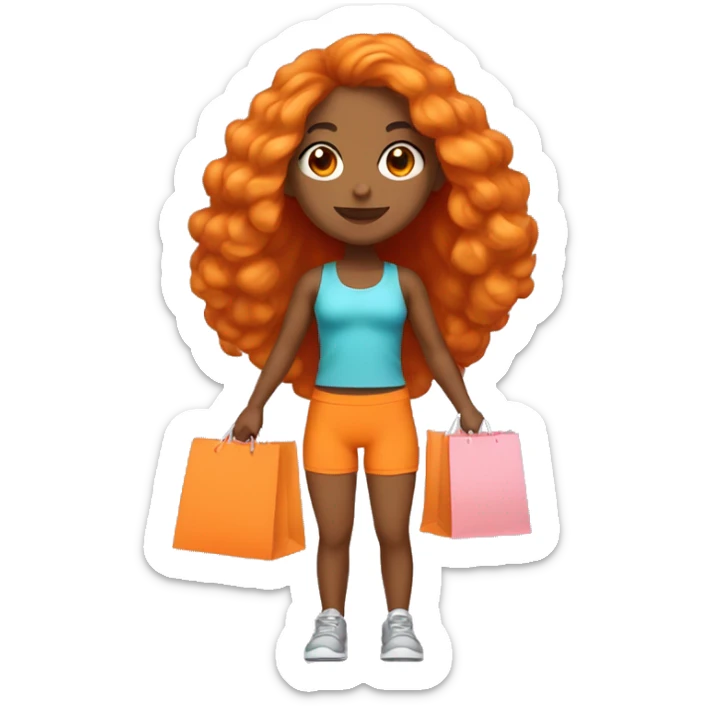 Tan girl with long orange hair wearing cute gym outfit holding shopping bags sticker