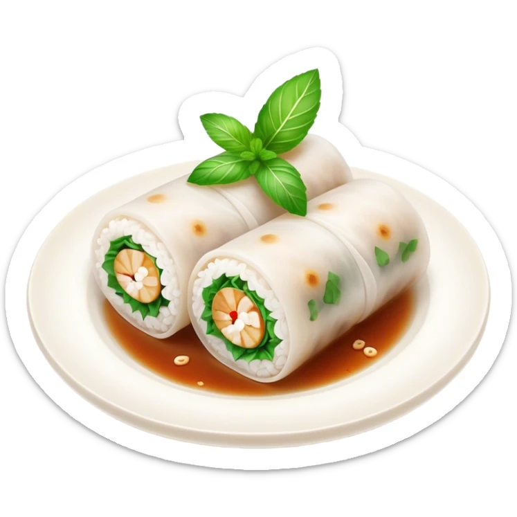Bánh Cuốn Cinematic Realistic Bánh Cuốn Dish Emoji, depicted as delicate steamed rice rolls garnished with chopped mint on top, rendered with lifelike textures and fresh, vibrant lighting. sticker