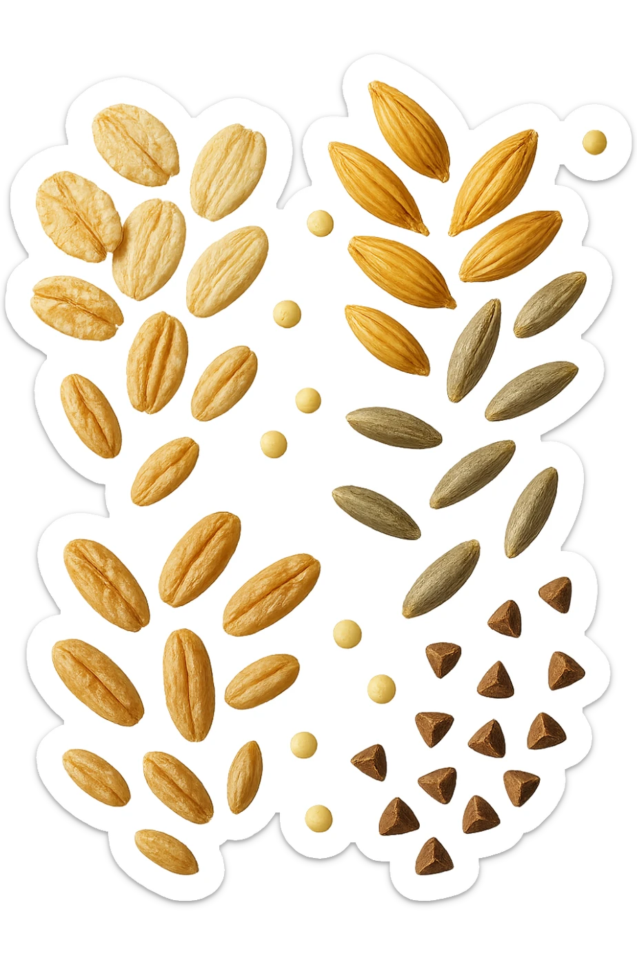 Avena, orzo, farro, segale, quinoa, grano saraceno FLUTTUANO IN ARIA, IPERREALISTICO 4K sticker