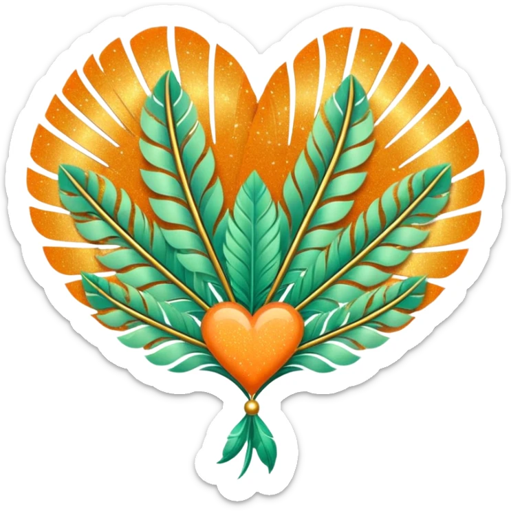 orange glitter heart with art deco pastel green feather fans and decoration in the background sticker