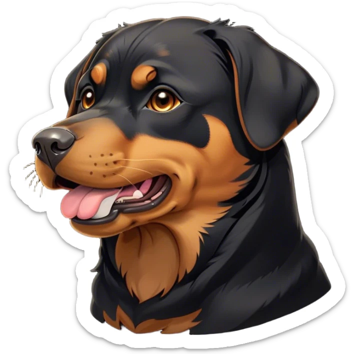 Cinematic Cute Yawning Rottweiler Portrait Emoji, Head tilted slightly with a dramatic, wide-open yawn, showcasing a sleek black coat with prominent tan markings, floppy ears slightly drooping, round brown eyes barely open in drowsy contentment, Simplified yet irresistibly adorable features, highly detailed, glowing with a soft, cozy glow, high shine, relaxed yet expressive, stylized with a touch of whimsy, bright and endearing, soft glowing outline, capturing the essence of a sleepy yet affectionate guardian, so drowsy it feels like it could stretch out of the screen and curl up for a nap! sticker