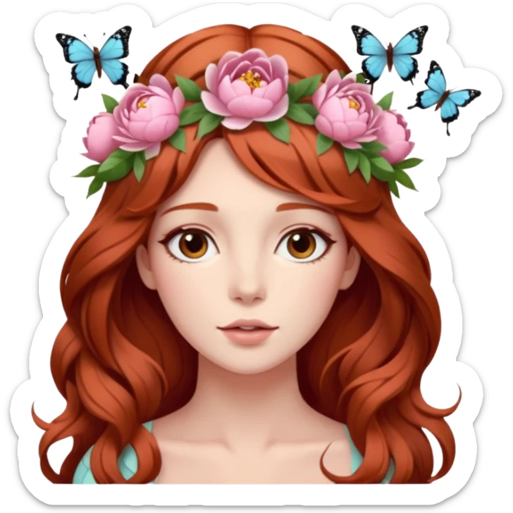 Woman with long flowing auburn hair wearing a pastel flower crown with big peonies and roses and butterflies in it sticker