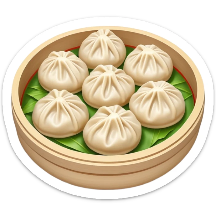 Xiaolongbao Shanghai soup dumplings with steam, simplified emoji style with bold outlines and bright colors, cartoon style Chinese steamed bun sticker
