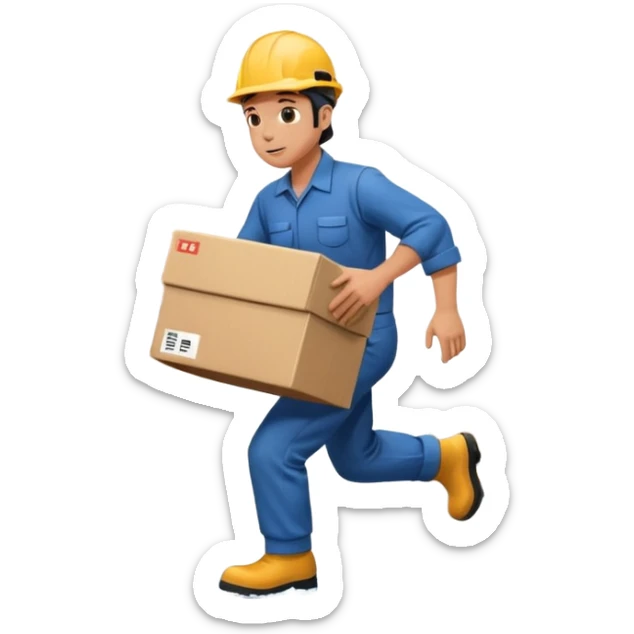 Animación educativa sobre un accidente laboral en un entorno industrial. Un trabajador de fábrica, con casco pero sin otros elementos de protección personal, resbala en un piso mojado y cae al suelo mientras transporta una caja. sticker