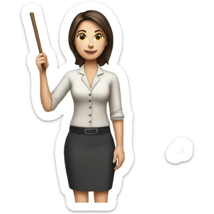 apple style emoji: brunette white woman as a teacher, with a stick in the hand and a whiteboard sticker