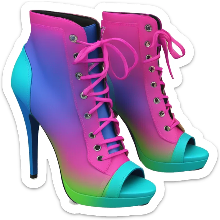 Realistic isolated top front view pair of lime green,hot pink,blue and green ombre high heel ankle bootie boots.  sticker