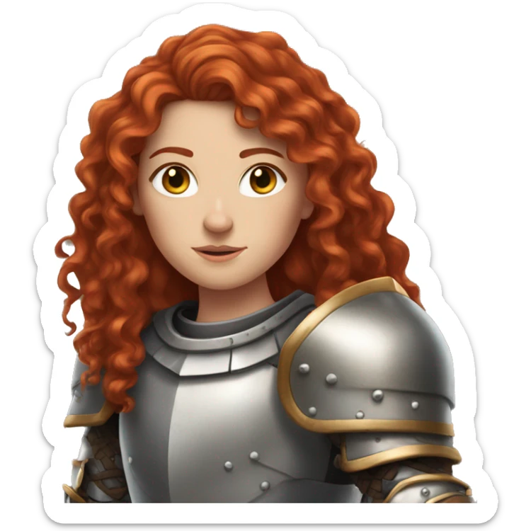 a white girl with long red curly hair and freckles, wearing armor sticker