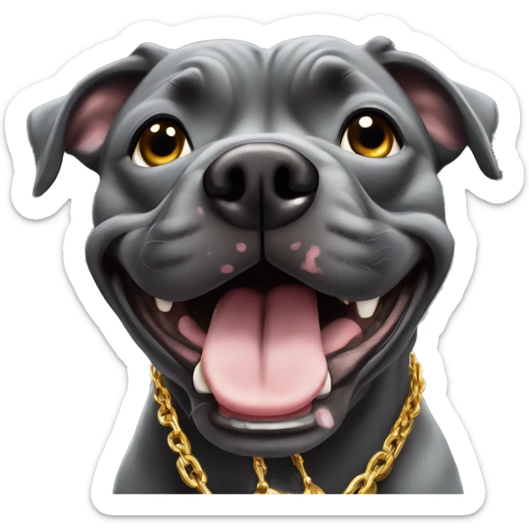 dark gray american staffie dog doing a selfie and sticking toungur out very happy rich with gold chain sticker