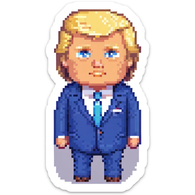Donald Trump in pixel art style, recognizable blond hair and blue suit, simple facial features, no text sticker