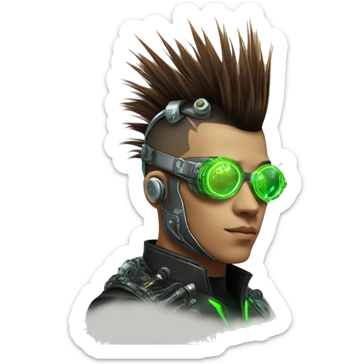 Mohawk hair with neon green highlights Asian male cyborg head with neon silver steampunk goggles and circuits sticker