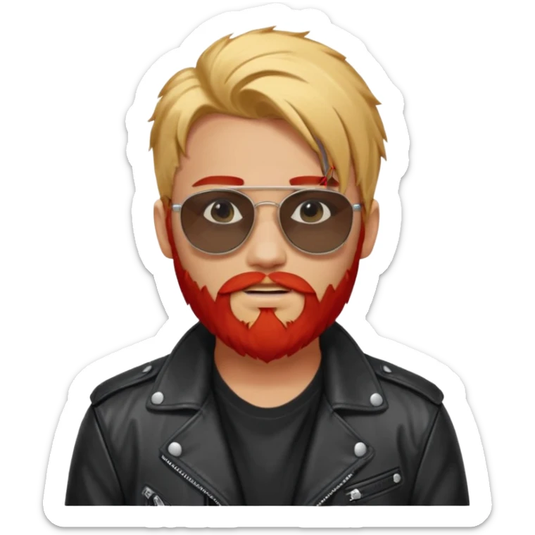 generate an ios genmoji of a 20 year old tan boy with black sunglasse Wearing a leather jacket. Has a dyed blonde beard and veryyyyy long red sticker