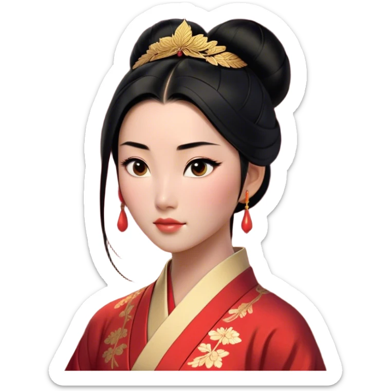 Cinematic Realistic Noble Mulan Portrait, depicted with lifelike, warm light-toned skin that reveals subtle texture and natural shadows. Her sleek black hair is intricately styled into a traditional bun with every strand rendered in exquisite detail, and her almond-shaped eyes, full of quiet resolve, are softly illuminated. She wears a meticulously detailed traditional robe with delicate red and gold accents, its rich fabric textures and gentle folds catching the light beautifully. The portrait radiates a natural, enchanting glow, capturing Mulan’s inner strength and timeless grace in a realistically painterly style. sticker