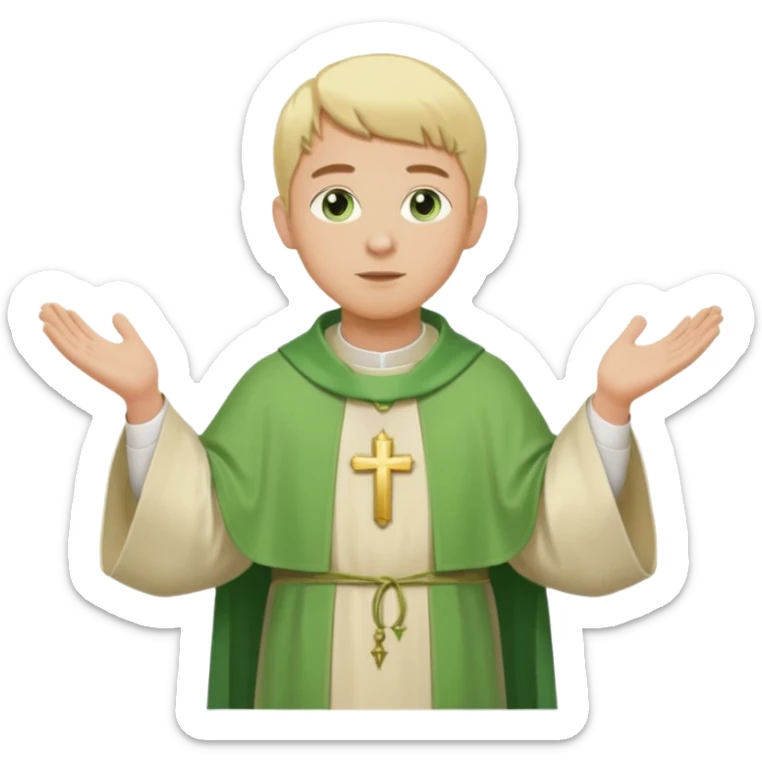 a priest, green eyes, blonde hair, light green chasuble. opening arms, gazing thoughtfully. Soft light, subtle fern. Waist-up, profile. sticker
