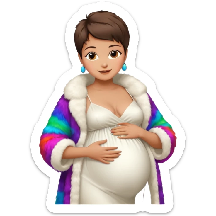 pregnant stylish woman with short pixie brunette hair happily touching her big belly while wearing white gown and fancy fur coat and colorful shades sticker