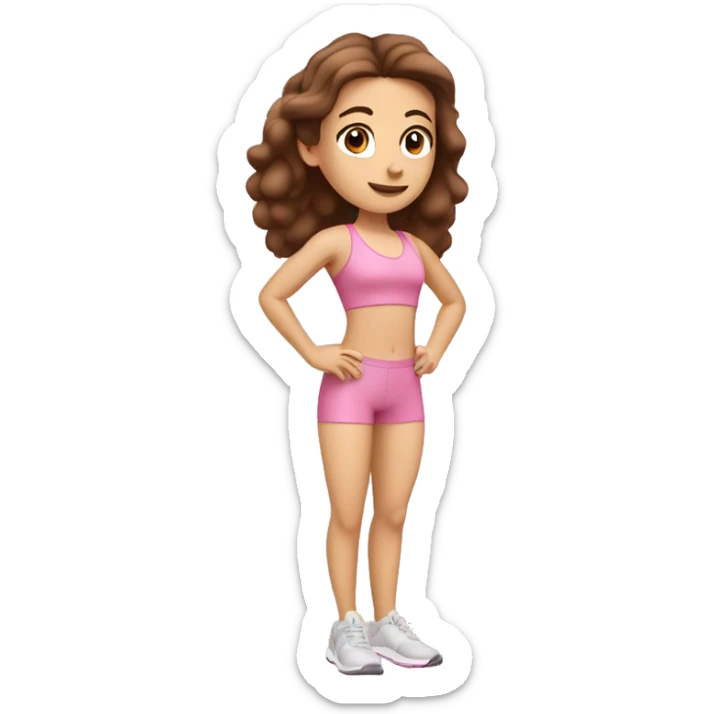 Caucasian girl with brown hair and brown eyes doing Pilates in a pink workout set sticker