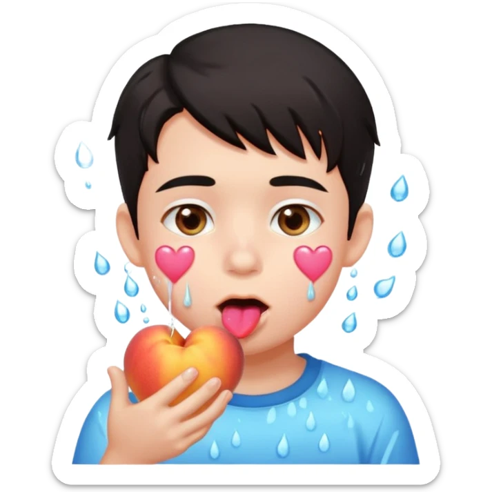 Cute boy, light pink eyes, grown out dark hair, eating a peach, pink hearts floating , water dripping from mouth sticker