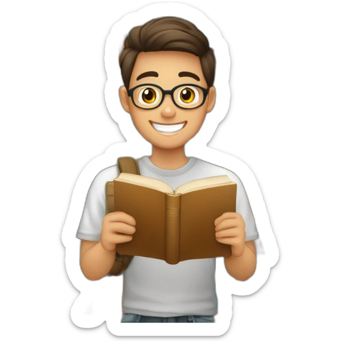 joven estudiante con todos sus libros que son muchos, de piel blanca muy feliz y sonriente con un libro en sus manos y sobre su cabeza sticker