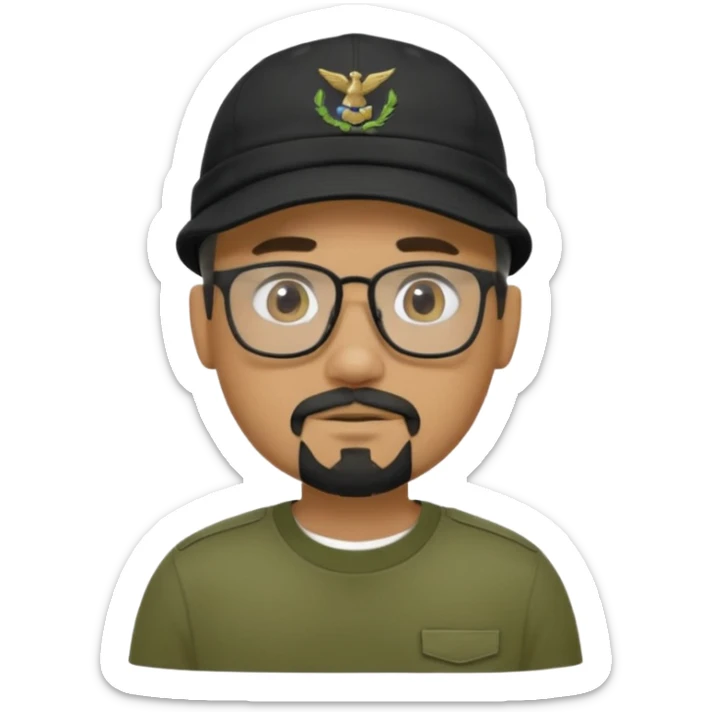 hombre trigueño , barba candado negra y blanca, anteojos, gorra negra , remera tactica verde oliva sticker
