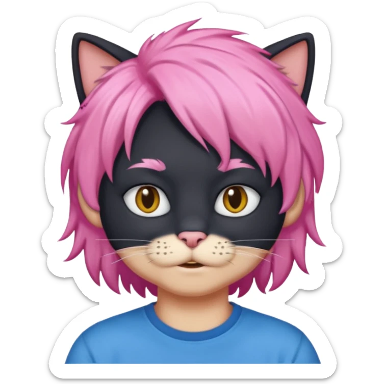 Black cat wearing a male pink hair wig, blue T-shirt sticker