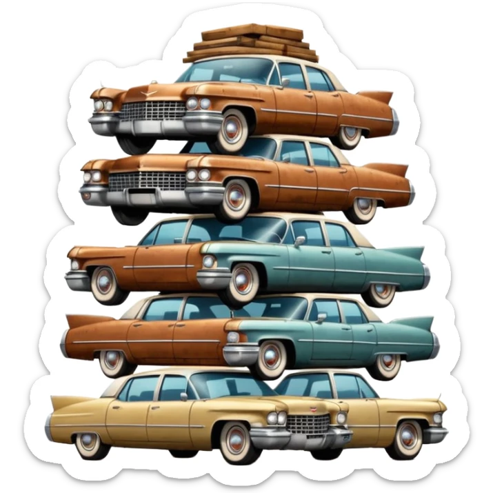 Cinematic realistic ultra HD - a pile of old vintage cadillac cars stacked in a pyramid sticker