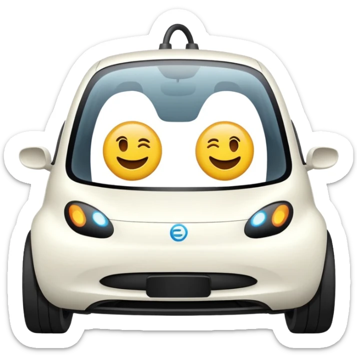 EV car with adorable round eyes, EV charger on the right, playful emoji look, emoji style sticker