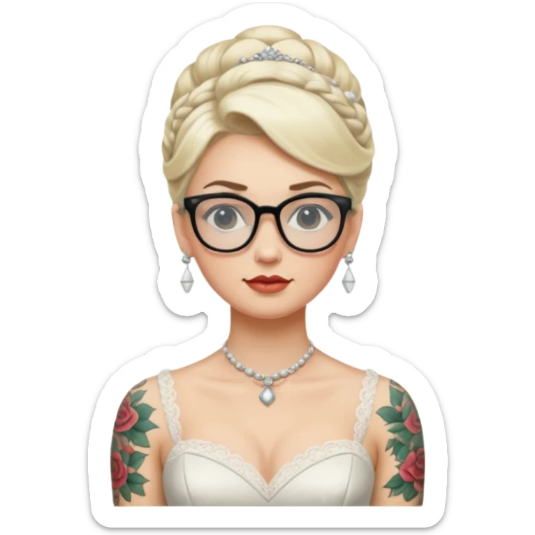 White Blonde hair up bride with tattoos glasses vintage dress sticker