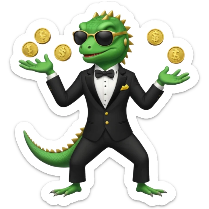 capitalist iguana banker in tuxedo and black sunglasses jongling with coins sticker