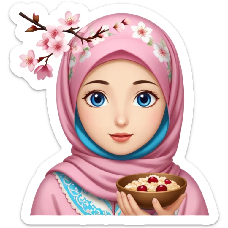Turkish beautiful finish Konya girl blue eyes with cherry blossom floral hijab islamic dress and she’s savouring delicious food face sticker