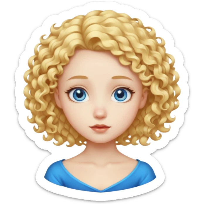 Cute fantasy character head with a large forehead, big bright blue eyes, and short, voluminous golden blond curly hair. Stylized, colorful, cartoon look focused on cuteness. sticker