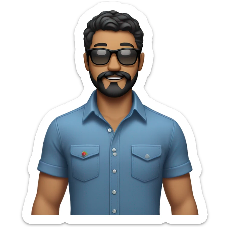  emoji of WHITE man, black hair. blue button up shirt, black glasses, beard and mustache. tattoo of rose on right arm and apple watch sticker