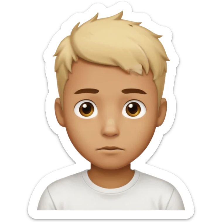 caramel skin colored Male with short buzz, messy blonde hair, large expressive golden-brown eyes, brown skin color, scar over nose, wearing a plain white t-shirt. sticker