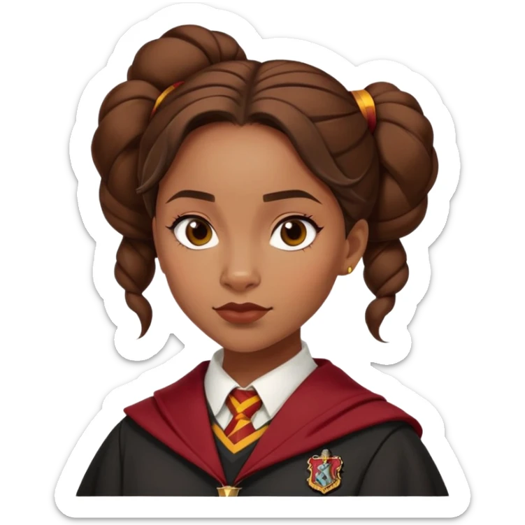 Angelina Johnson in harry potter, wear hogwarts gryfindor uniform,  thick, brown bun hair , reflecting her bold, stylish, and strong personality sticker
