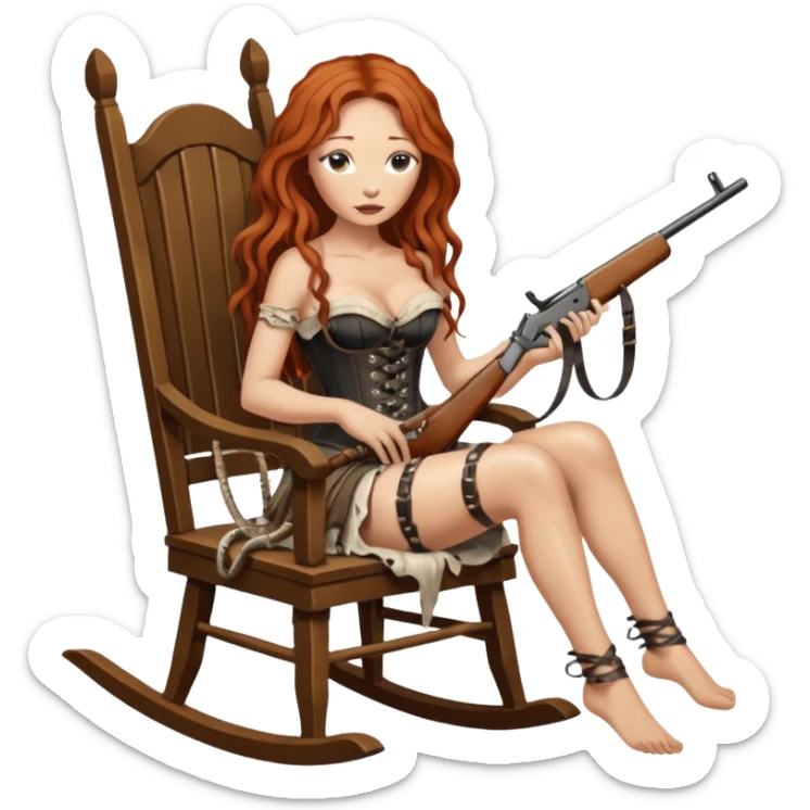 realistic cinematic Tori Amos sits on a rocking chair in a torn corset, holding an antique rifle and her bare feet are muddy. A white snake is wrapped around the chair. sticker