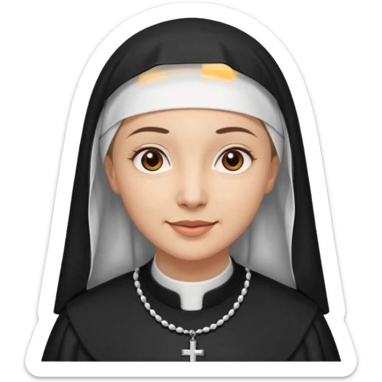A light-skinned woman with brown eyes and a calm smile, wearing a black and white nun’s habit. sticker