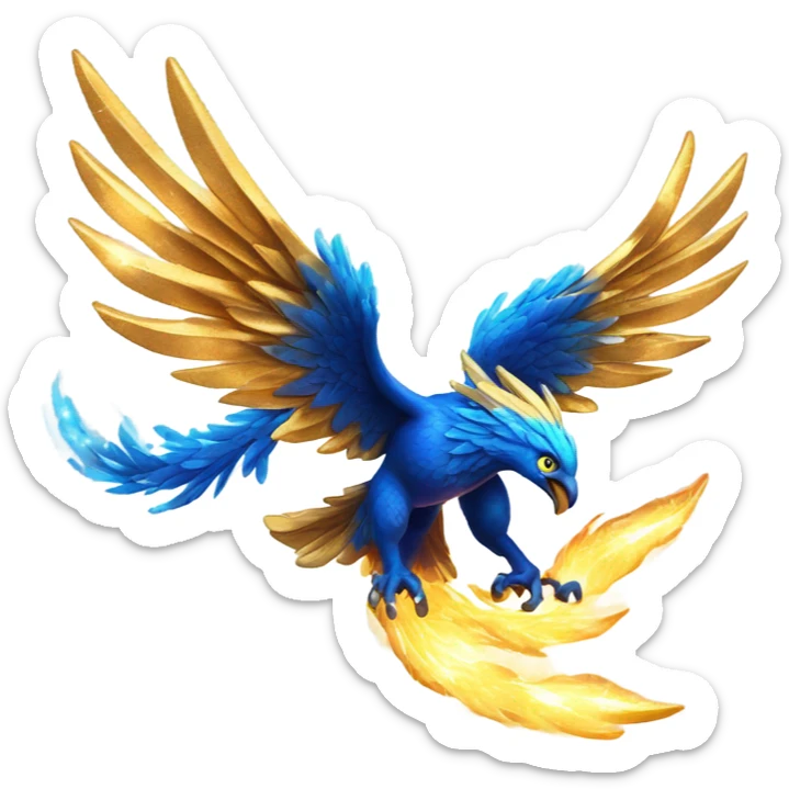 A molten gold phoenix with electric-blue wings, mid-flight, leaving a trail of fiery stardust and sparks. sticker