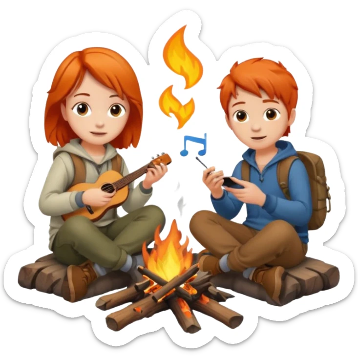 A boy with brown hair and a orange haired girl sitting at a campfire listening to music sticker