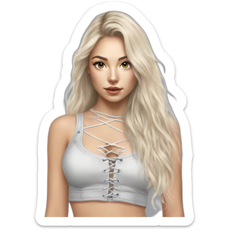 caucasian straight long haired blonde, white plush lace up crop top, tight grey mini skirt, hyperrealist drawing sticker